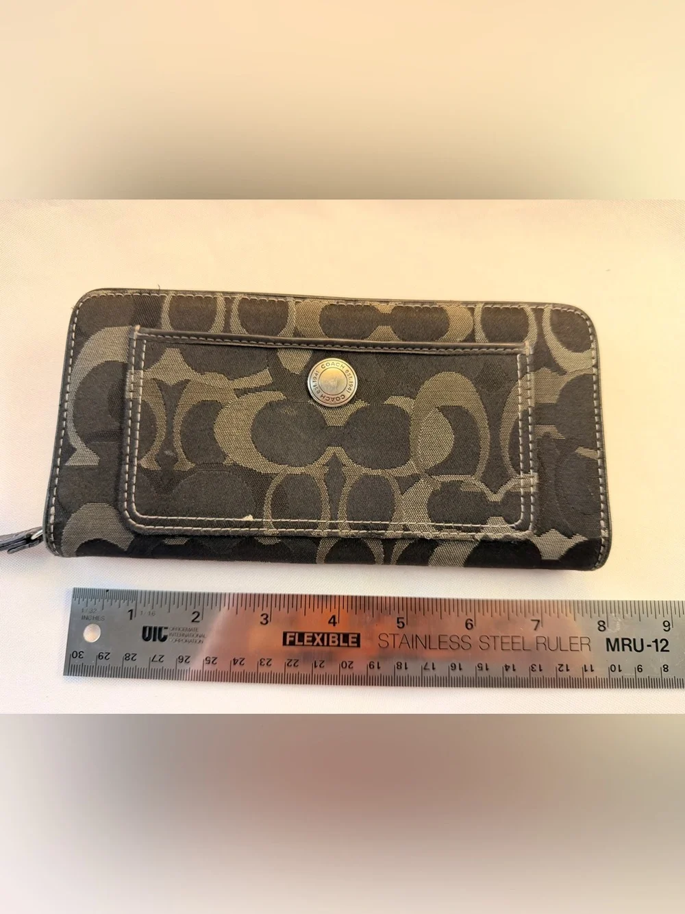Coach Black Signature Monogram Canvas Zip Accordion Wallet